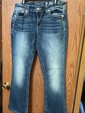 Miss Me Dark Blue Flare Jeans with Whiskered Fade